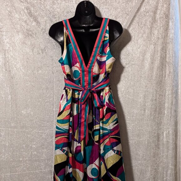 ECI NEW YORK Silk Colorful V Neck Dress Waist Tie Ruching Waist Size 10 - Picture 7 of 9